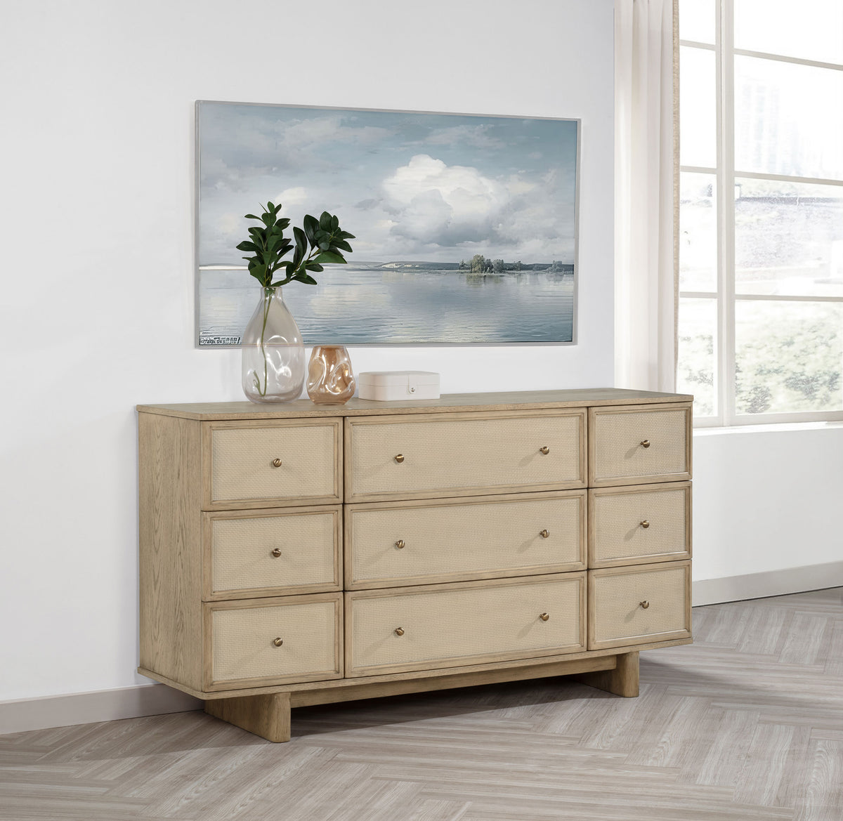 Kailani Upholstered Wingback Platform Bed & Bedroom Sets - Coastal Beige Oak with Cane Accents - lifestyle