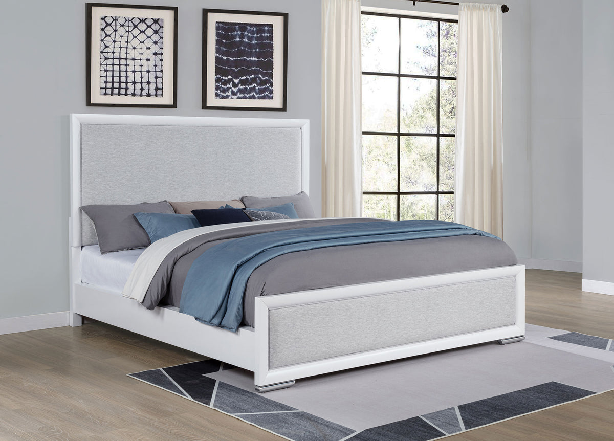 Gracemont Upholstered Panel Bed & Bedroom Collection - Light Grey Fabric, White Finish with Brushed Nickel - lifestyle