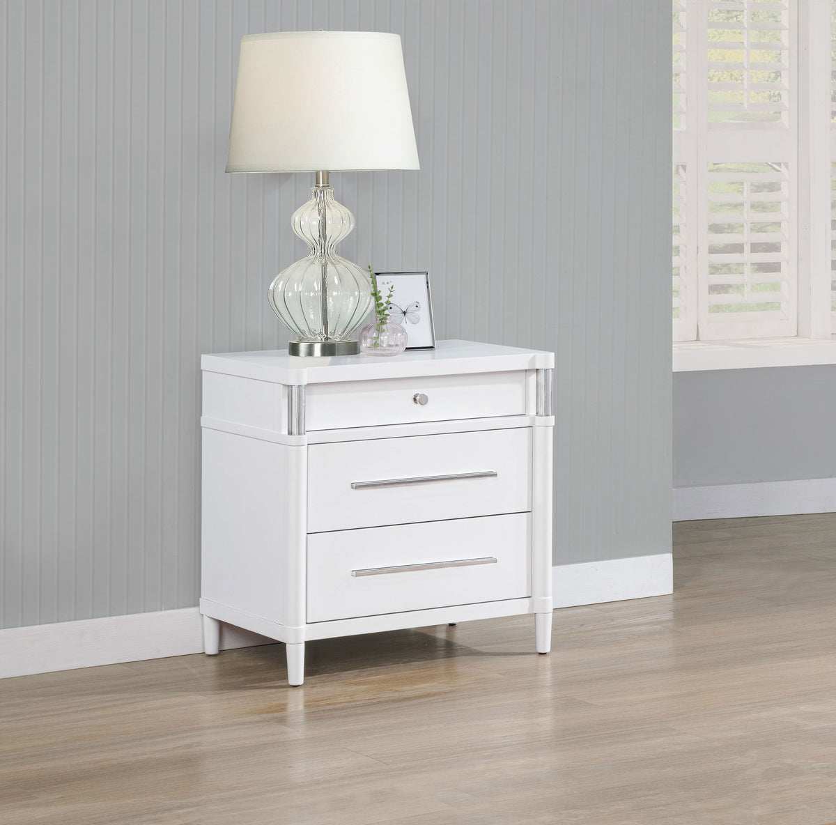 Gracemont Upholstered Panel Bed & Bedroom Collection - Light Grey Fabric, White Finish with Brushed Nickel - lifestyle