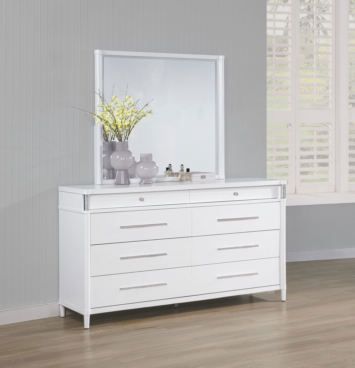 Gracemont Upholstered Panel Bed & Bedroom Collection - Light Grey Fabric, White Finish with Brushed Nickel - lifestyle