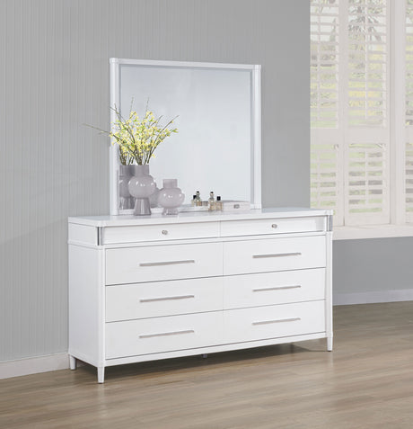 Gracemont Upholstered Panel Bed & Bedroom Collection - Light Grey Fabric, White Finish with Brushed Nickel - lifestyle