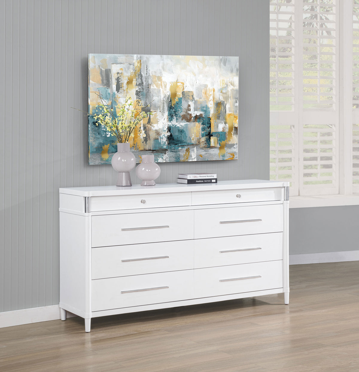 Gracemont Upholstered Panel Bed & Bedroom Collection - Light Grey Fabric, White Finish with Brushed Nickel - lifestyle