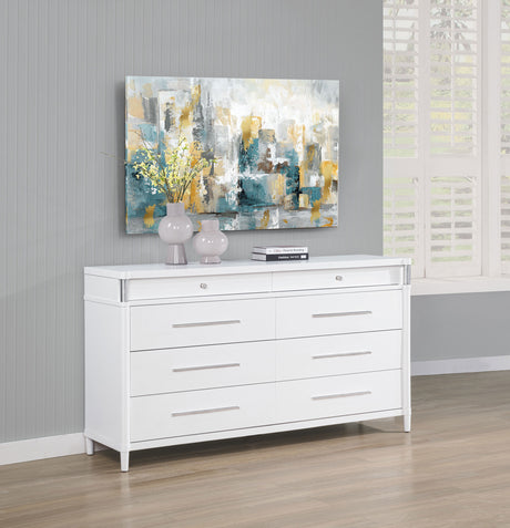 Gracemont Upholstered Panel Bed & Bedroom Collection - Light Grey Fabric, White Finish with Brushed Nickel - lifestyle