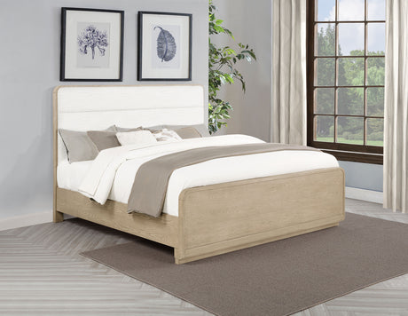 Ladera Panel Bed & Bedroom Sets - Light Elm with Cream Boucle Headboard & Rounded Corners - lifestyle