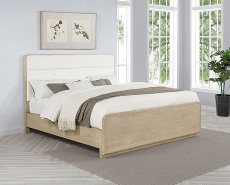 Ladera Panel Bed & Bedroom Sets - Light Elm with Cream Boucle Headboard & Rounded Corners - lifestyle