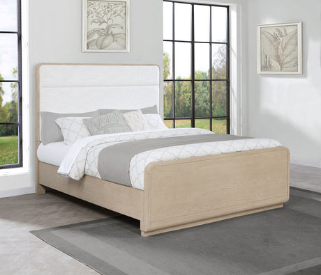 Ladera Panel Bed & Bedroom Sets - Light Elm with Cream Boucle Headboard & Rounded Corners – view 1