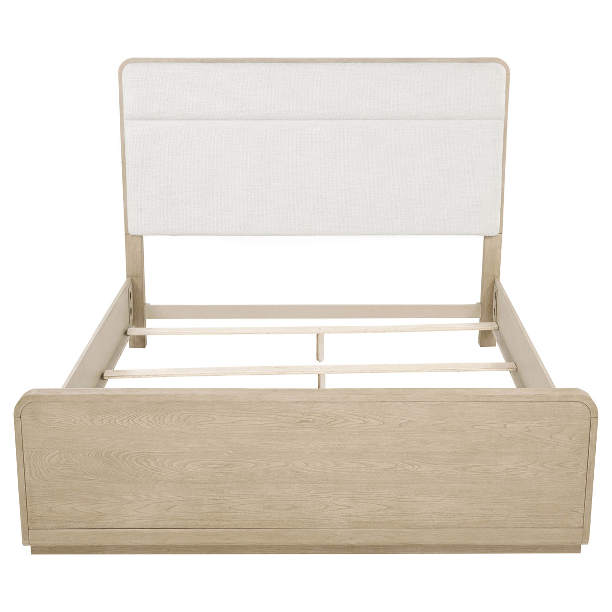 Ladera Panel Bed & Bedroom Sets - Light Elm with Cream Boucle Headboard & Rounded Corners