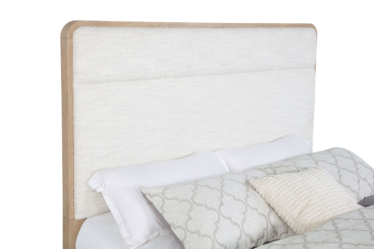 Ladera Panel Bed & Bedroom Sets - Light Elm with Cream Boucle Headboard & Rounded Corners