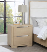 Ladera Panel Bed & Bedroom Sets - Light Elm with Cream Boucle Headboard & Rounded Corners - lifestyle