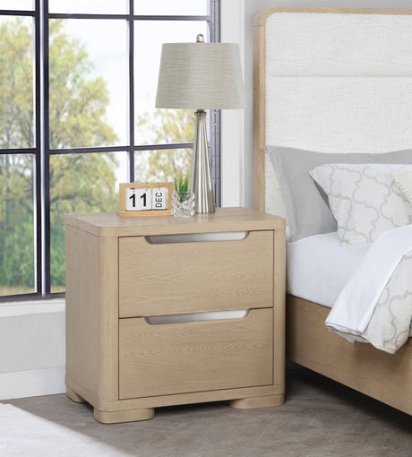 Ladera Panel Bed & Bedroom Sets - Light Elm with Cream Boucle Headboard & Rounded Corners - lifestyle