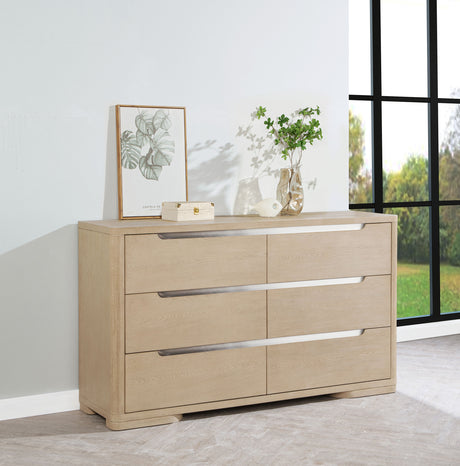 Ladera Panel Bed & Bedroom Sets - Light Elm with Cream Boucle Headboard & Rounded Corners - lifestyle