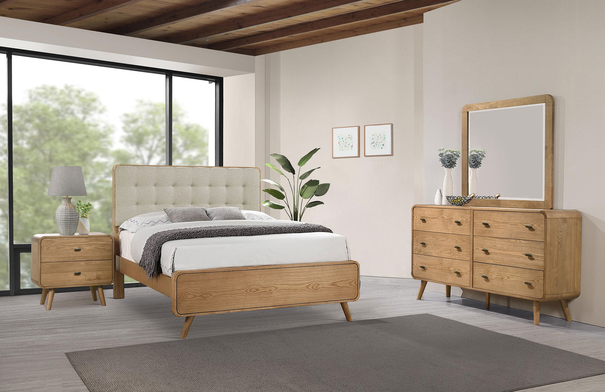 Robyn Mid-Century Platform Bed & Bedroom Sets - 4pcs- California King Platform Bed + Nightstand + Dresser + Mirror