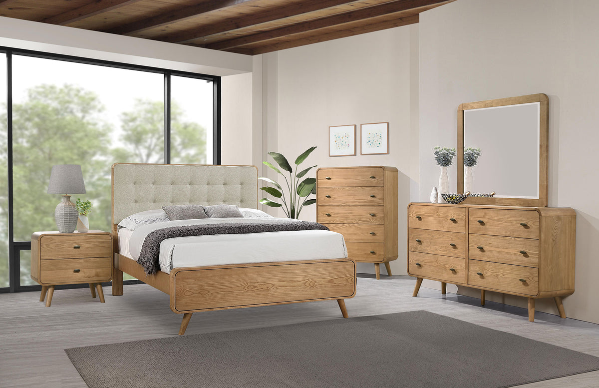 Robyn Mid-Century Platform Bed & Bedroom Sets - 5pcs- Queen Platform Bed + Nightstand + Dresser + Mirror + Chest