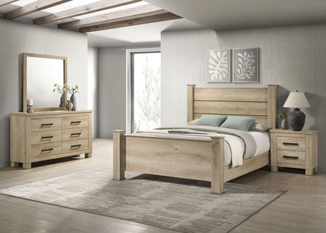 Oakglen Planked Panel Bed & Bedroom Sets - 4pcs- California King Bed + Nightstand + Dresser + Mirror