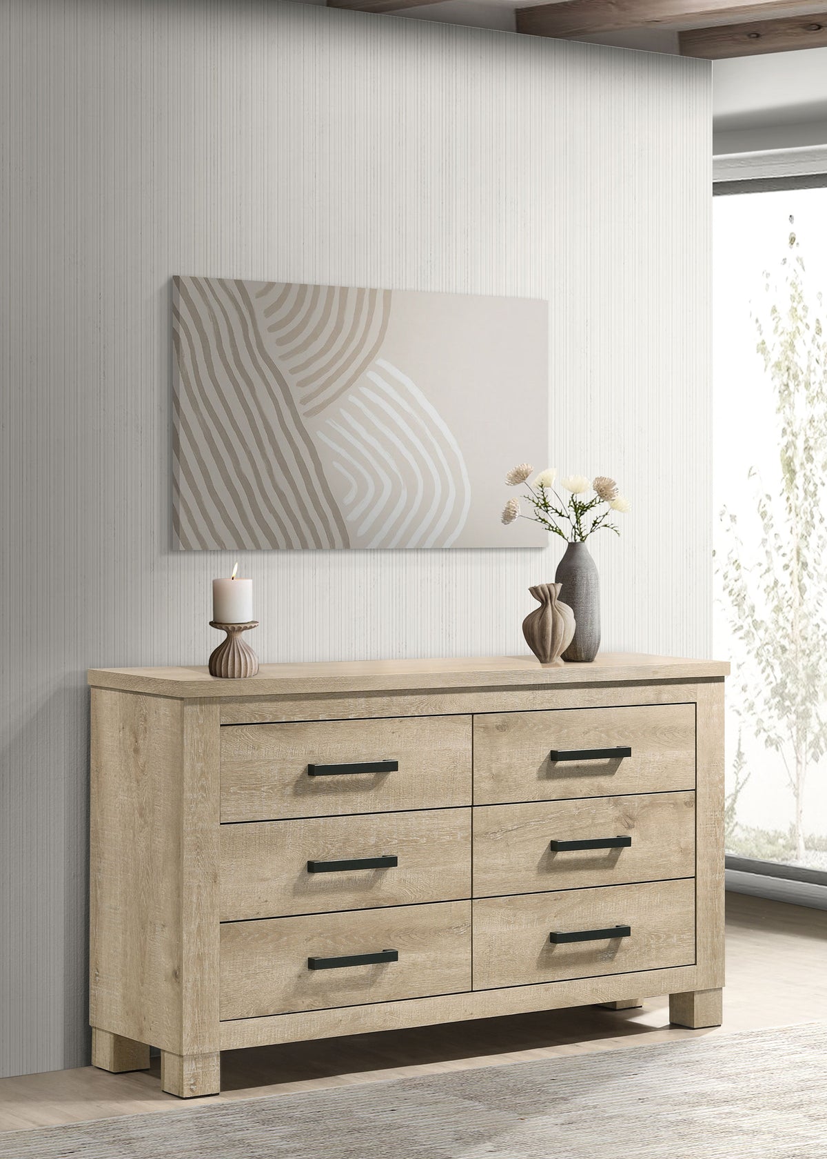 Oakglen Planked Panel Bed & Bedroom Sets - Rustic Weathered Oak with Dark Bronze Handles, Queen to California King - lifestyle
