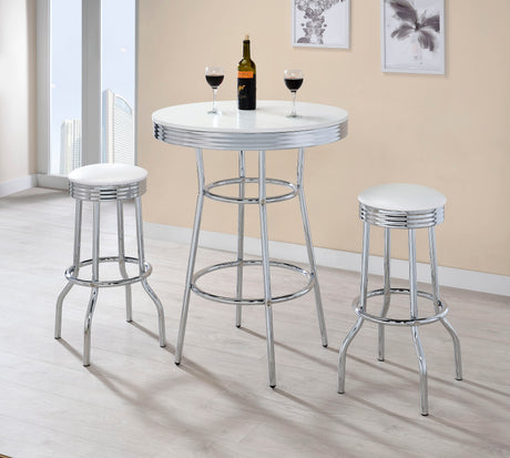 Retro 1950s Pub Height Bar Table & Swivel Bar Stools - 3pcs- Bar Table + 2 White Swivel Stools