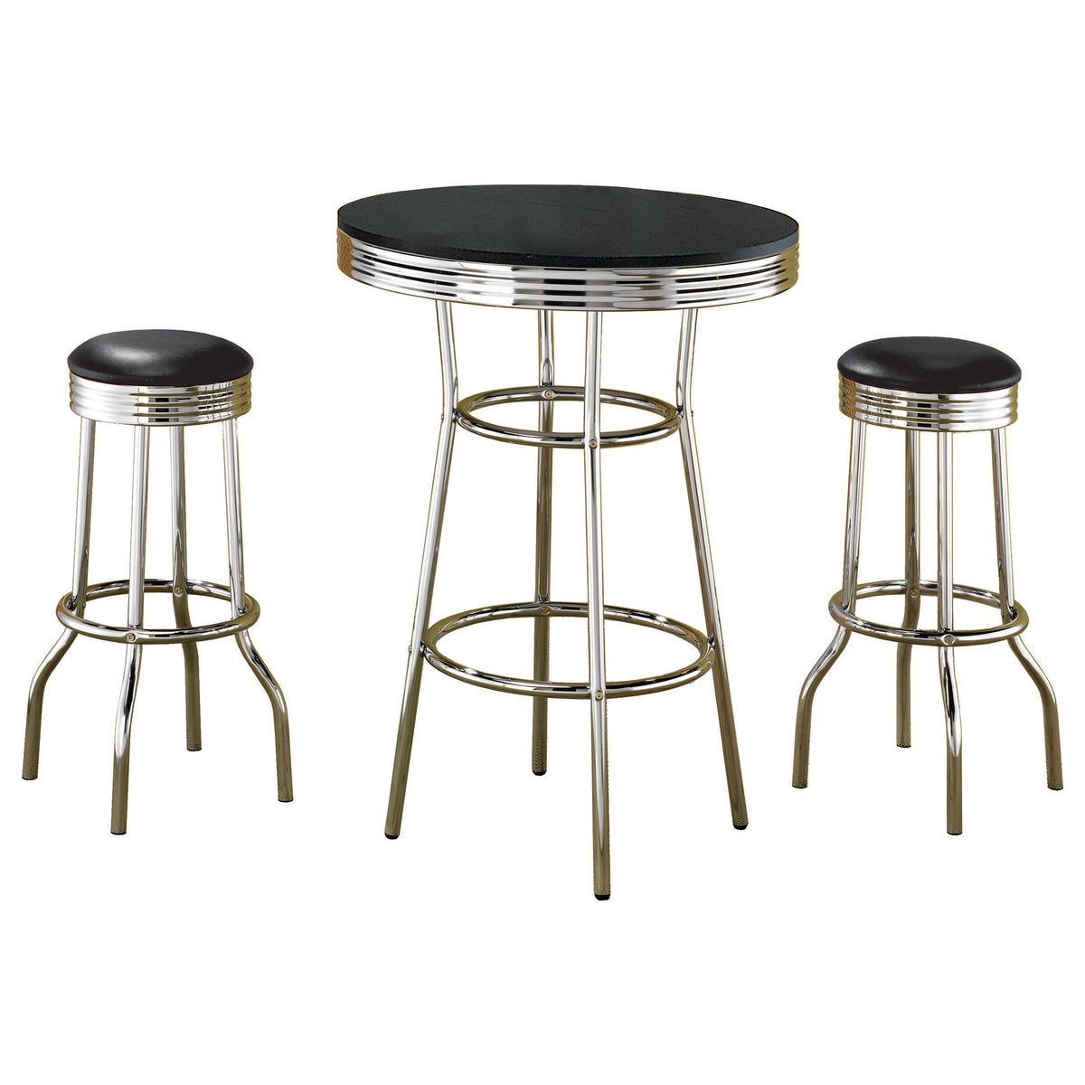 Retro 30" Round Pub Table & 3-Piece Bar Set - 1950s Black & Chrome with Swivel Stools – view 7