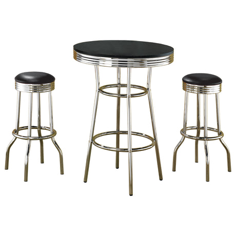 Retro 30" Round Pub Table & 3-Piece Bar Set - 1950s Black & Chrome with Swivel Stools – view 7
