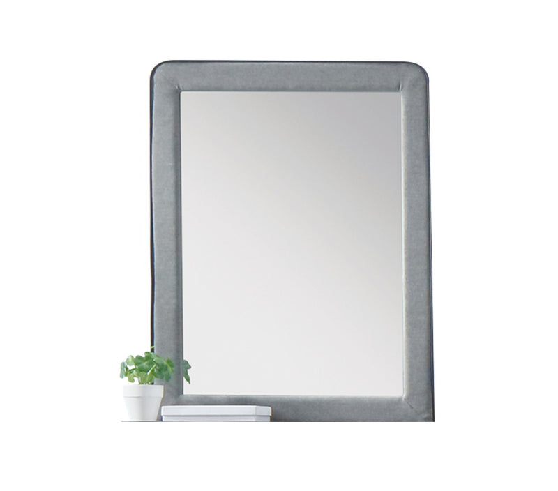 Valda Upholstered Mirror - Padded Light Gray Fabric Frame with Black Welt Trim