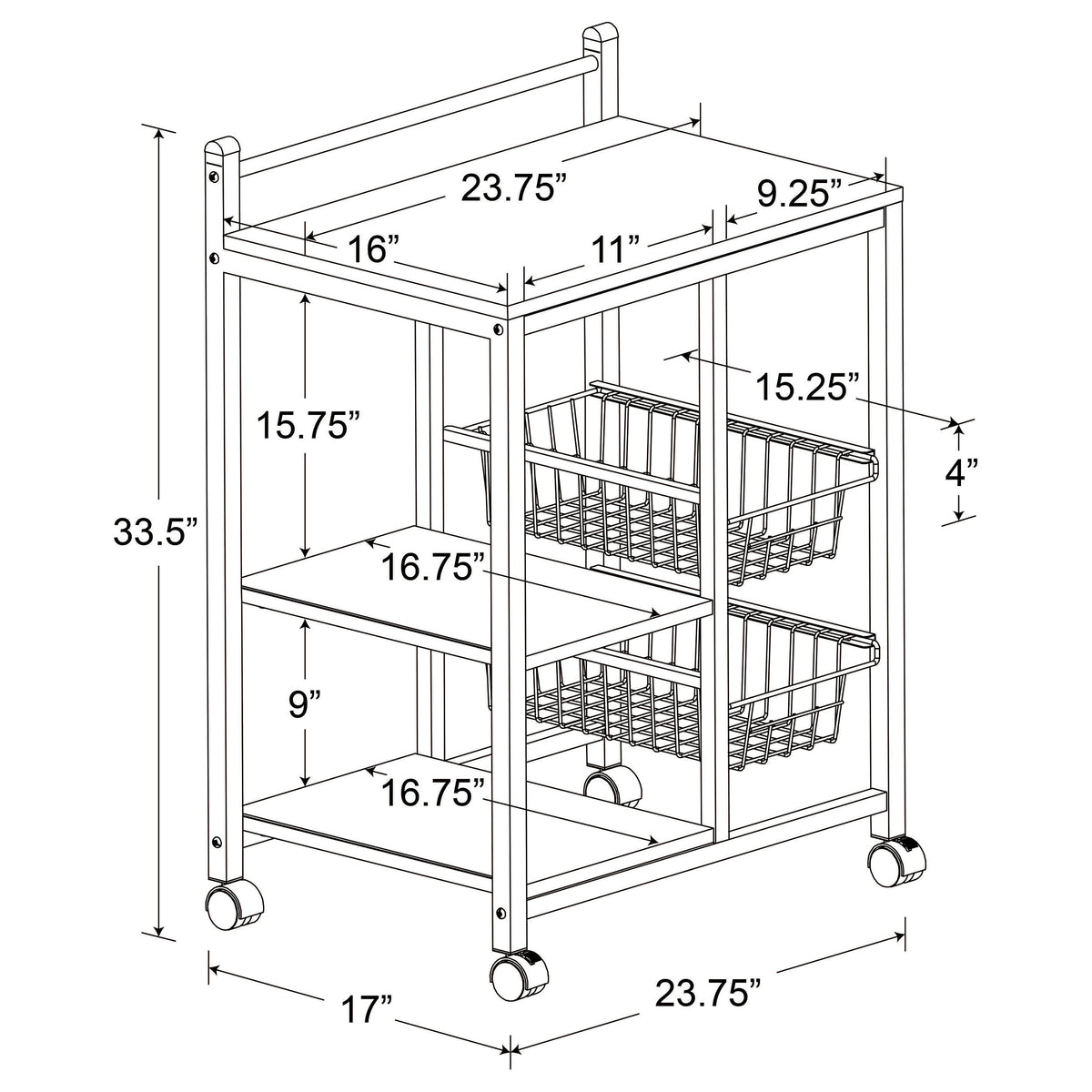 Kelvin 2-Shelf Mobile Kitchen Cart - Natural Brown Top, White Metal Frame & Wire Baskets – view 4