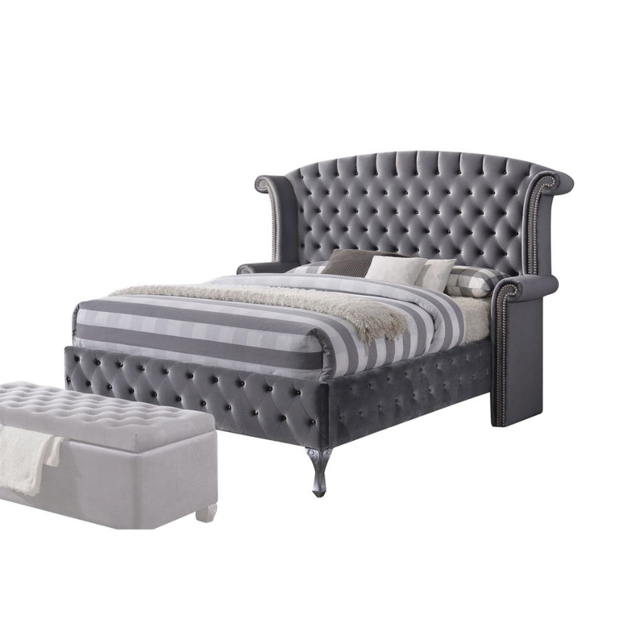 Rebekah Wingback Eastern King Bed - Button Tufting & Nailhead Trim in Gray Velvet