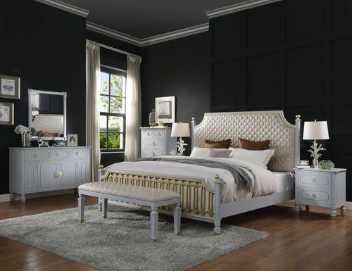 House Marchese Beveled Mirror - Gold Trim Accents in Pearl Gray