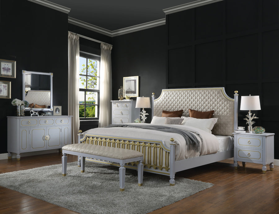 House Marchese Beveled Mirror - Gold Trim Accents in Pearl Gray