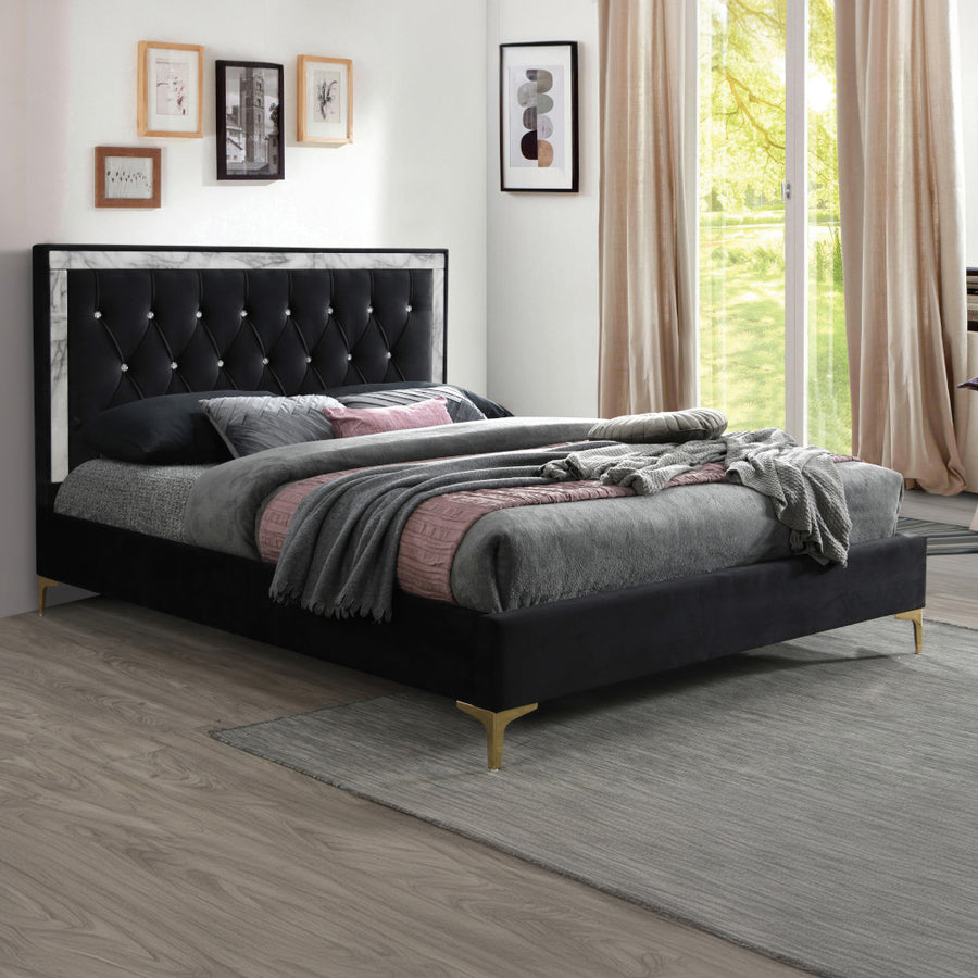 Rowan Upholstered Bed - Crystal-Like Tufted Headboard & Faux Marble Trim in Black Fabric