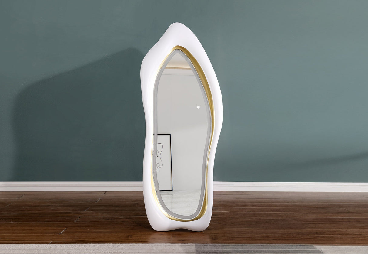 Close-up of matte finish sculptural frame contours on contemporary LED wall mirror
