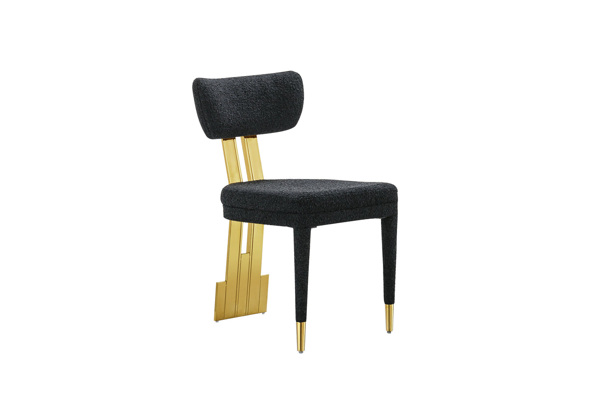 Contemporary dining room setup featuring white upholstered Amari seating with gold metal legs.