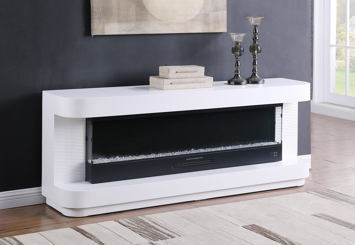 Detail view of the curved frame and firewood heater insert of the modern FOAK fireplace console.