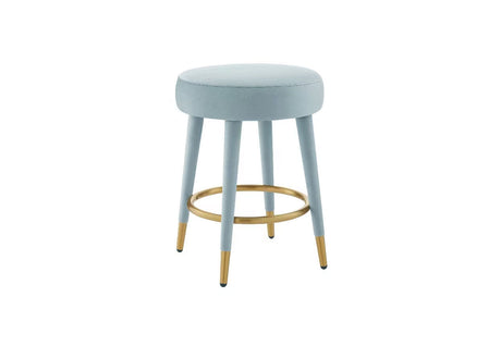 Front view of Ollie black velvet round counter stool with gold tipped legs.