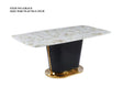 Sofia white marble-effect dining table with gold pedestal base and quilted texture details.