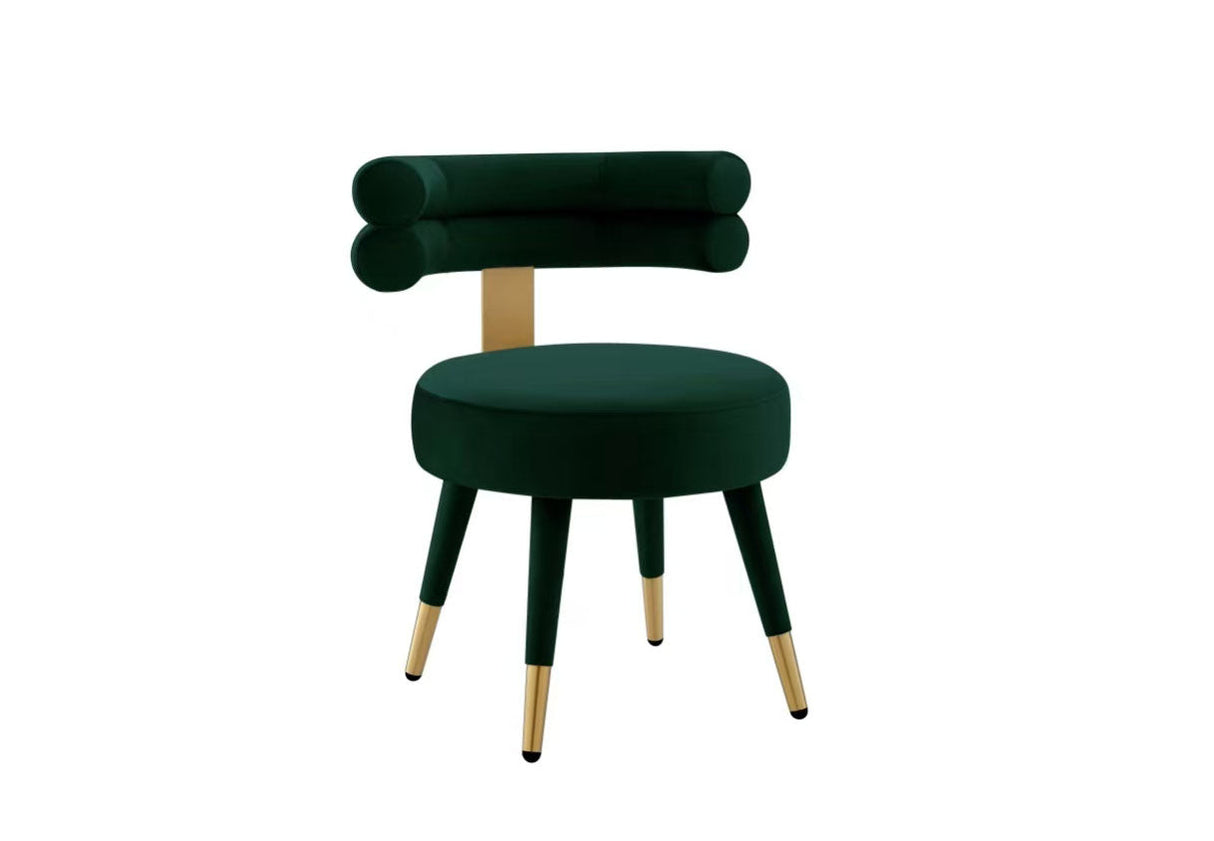 Front view of the FOAK Velora light blue velvet dining chair with gold metal legs.