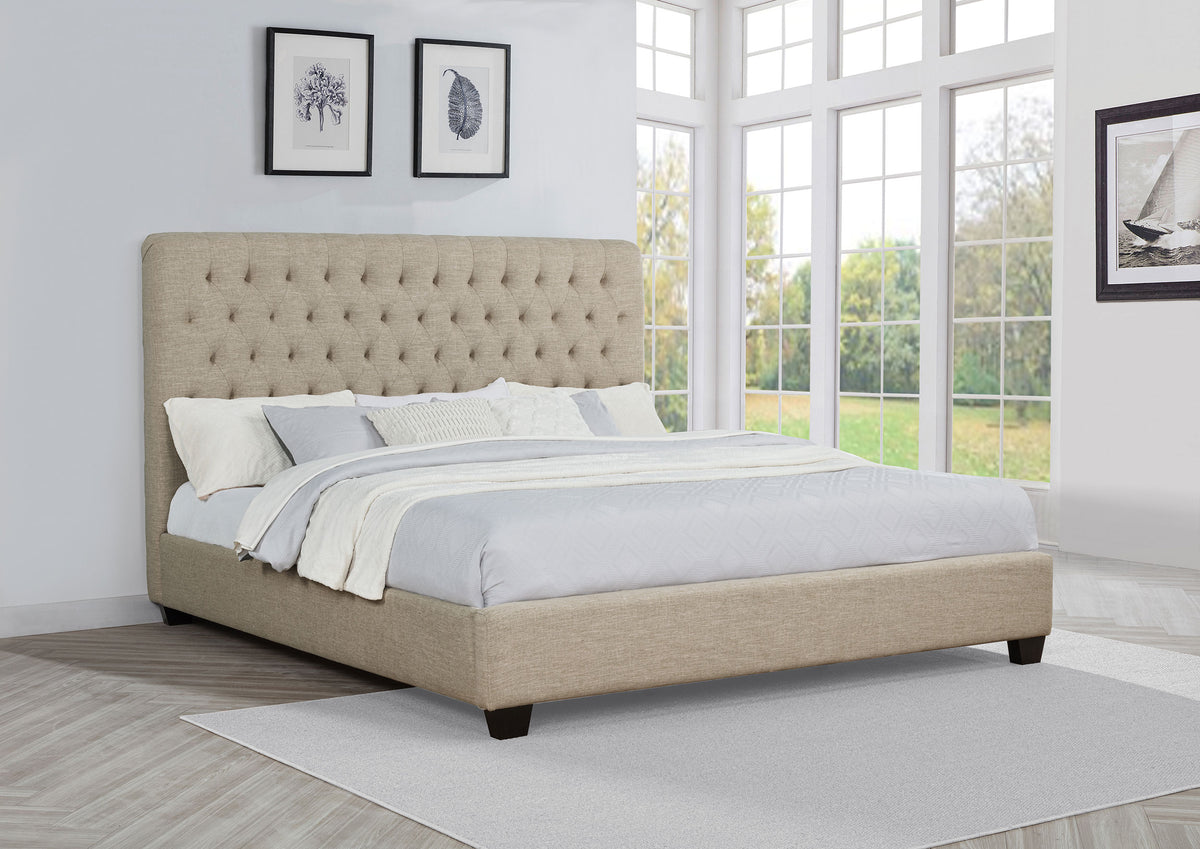 Chloe Button-Tufted Upholstered Bed or Headboard - Tall Oatmeal Fabric Headboard, Full to California King - lifestyle
