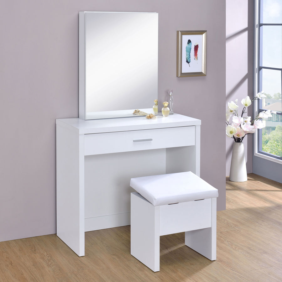 Harvey Vanity Set with Sliding Jewelry Mirror & Lift-Top Storage Stool - White