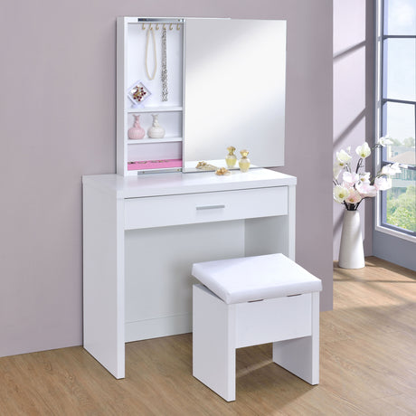 Harvey Vanity Set with Sliding Jewelry Mirror & Lift-Top Storage Stool - White – view 3