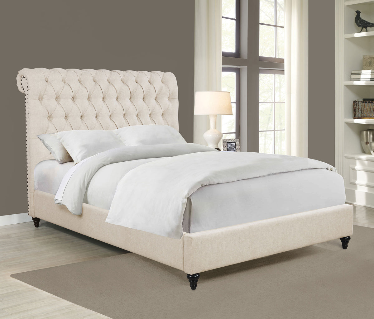 Devon Chesterfield Upholstered Panel Bed or Headboard - Button Tufted Beige with Nailhead Trim, Full to California King – view 3