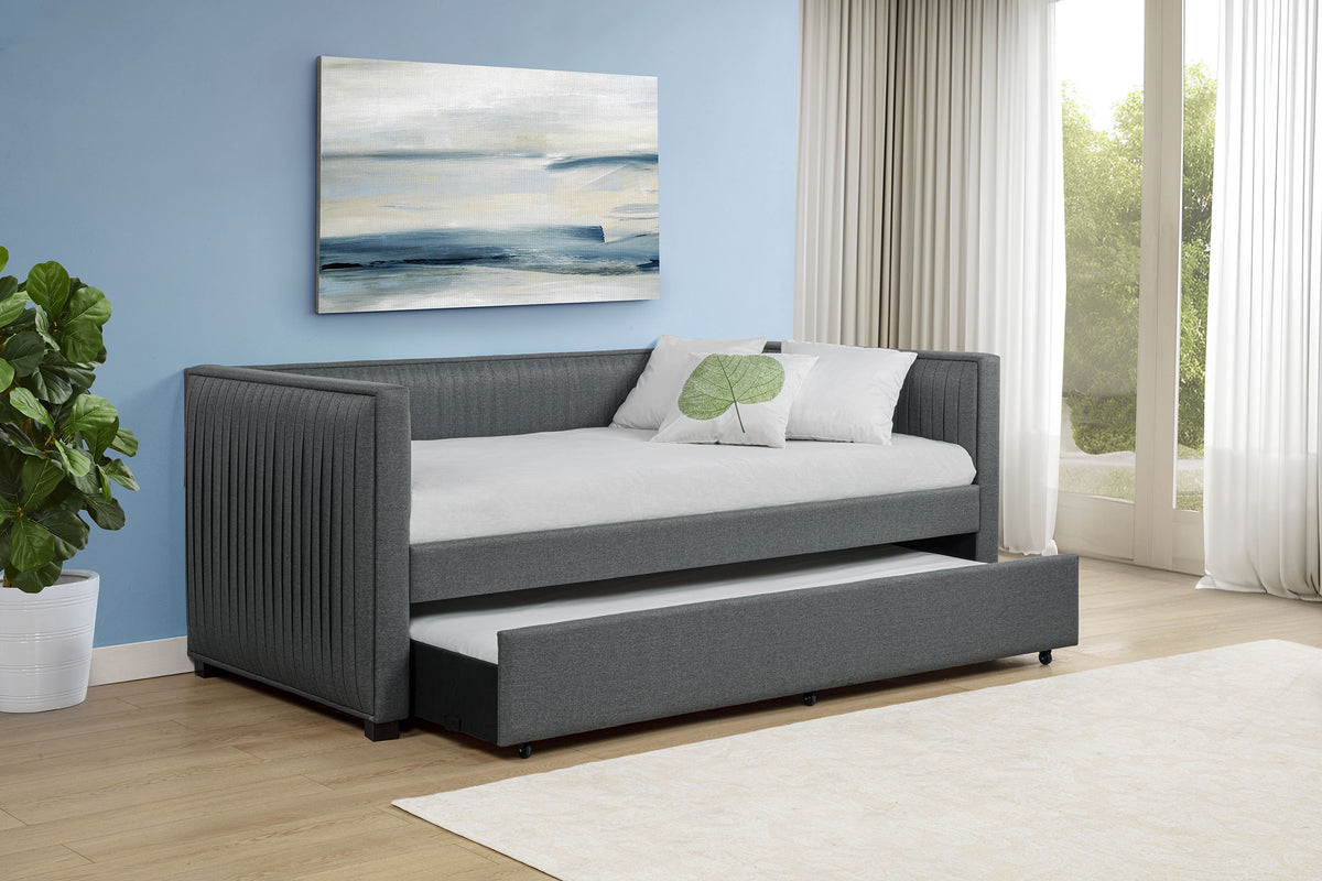 Brodie Twin Daybed with Trundle - Pleated Grey Upholstery with Black Feet – view 1