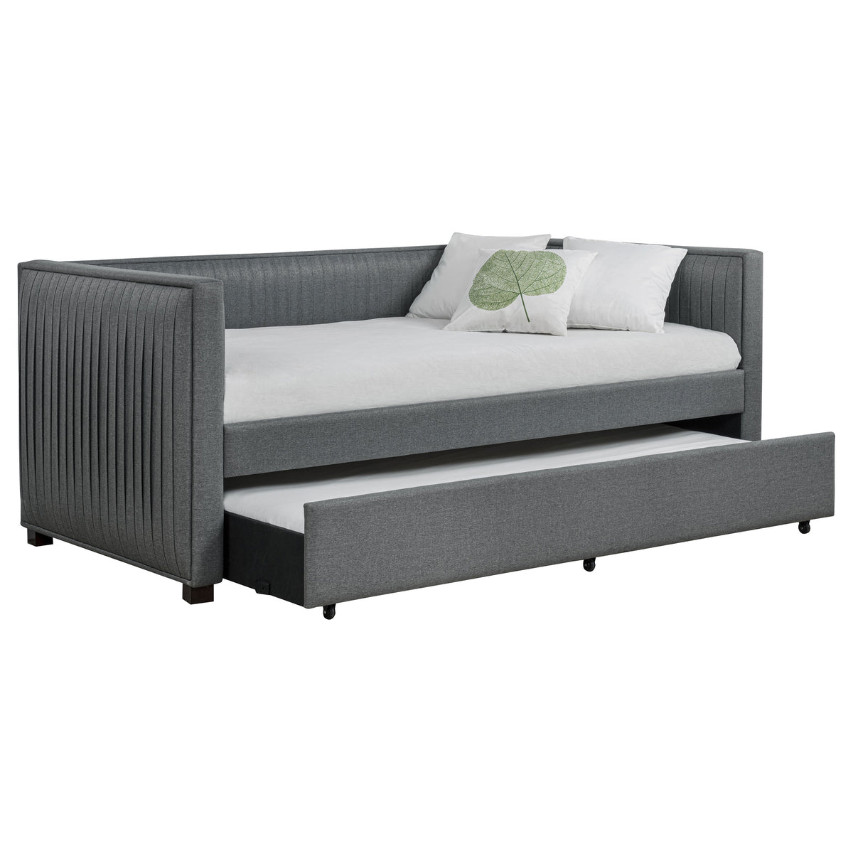 Brodie Twin Daybed with Trundle - Pleated Grey Upholstery with Black Feet – view 3