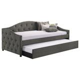 Sadie Upholstered Twin Daybed with Trundle - Button-Tufted Camelback in Grey Fabric – view 3