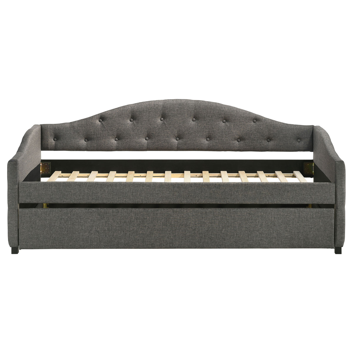 Sadie Upholstered Twin Daybed with Trundle - Button-Tufted Camelback in Grey Fabric – view 4
