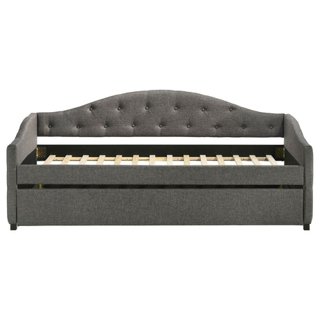 Sadie Upholstered Twin Daybed with Trundle - Button-Tufted Camelback in Grey Fabric – view 4