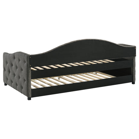 Sadie Upholstered Twin Daybed with Trundle - Button-Tufted Camelback in Grey Fabric – view 5
