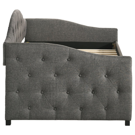 Sadie Upholstered Twin Daybed with Trundle - Button-Tufted Camelback in Grey Fabric – view 6