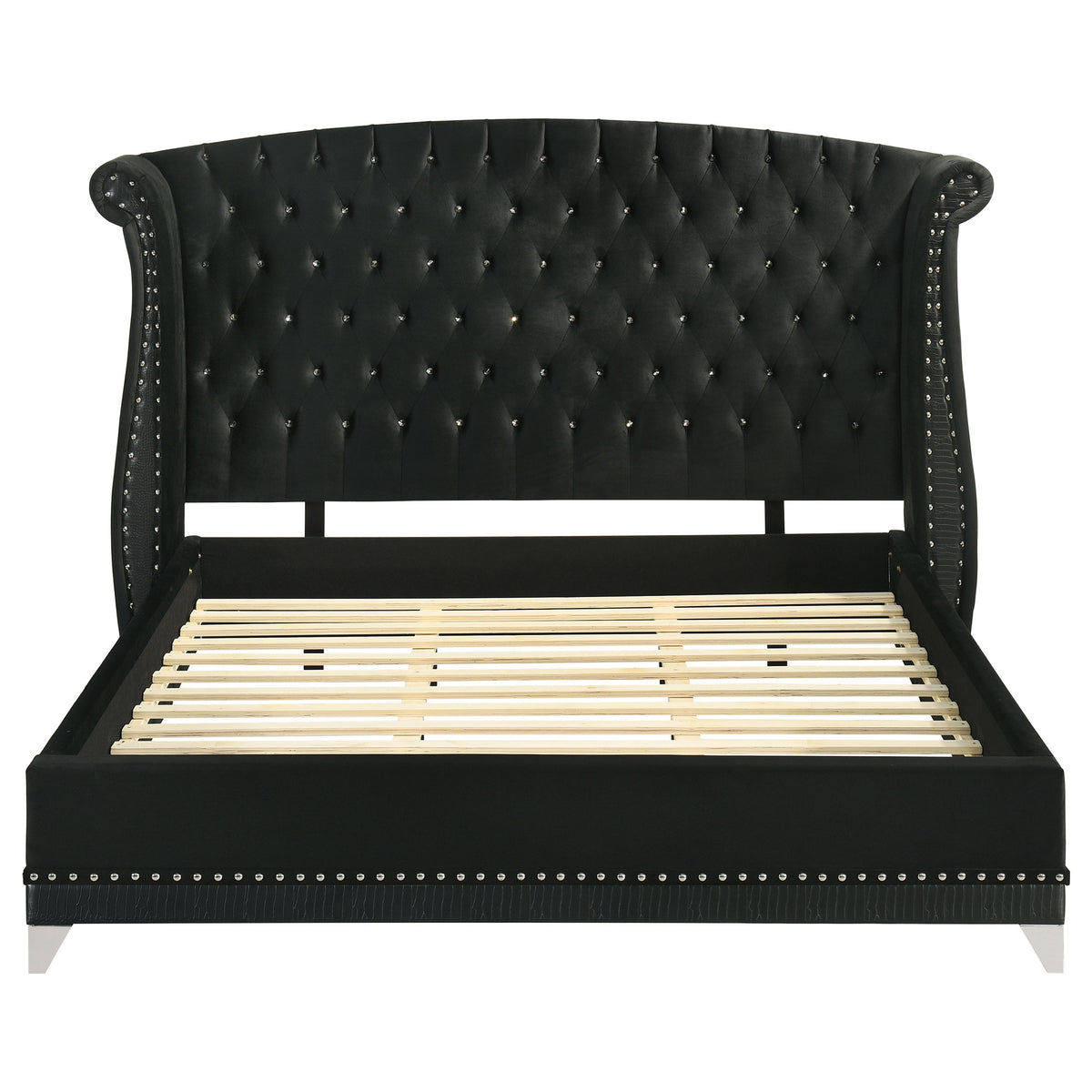Barzini Upholstered Wingback Bed - Crystal-Tufted Black Velvet with Chrome Nailheads, Queen to California King – view 13