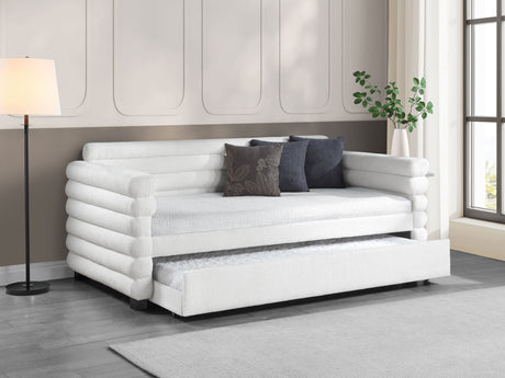 Patricia Boucle Twin Daybed with Trundle - Layered Round Bolster Design in White – view 1