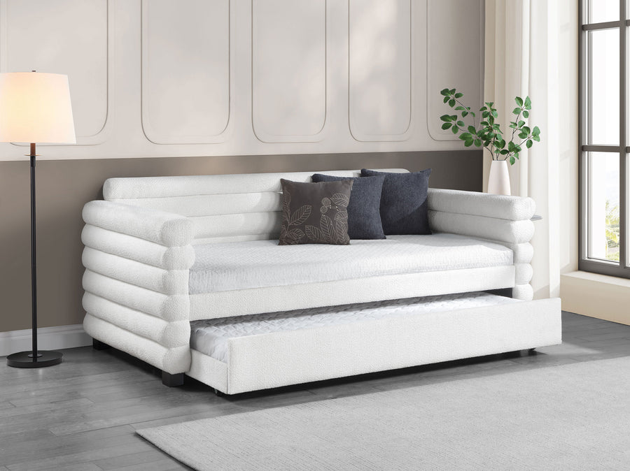 Patricia Boucle Twin Daybed with Trundle - Layered Round Bolster Design in White