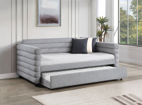 Patricia Boucle Upholstered Twin Daybed with Trundle - Modern Grey with Layered Round Bolsters – view 1