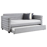 Patricia Boucle Upholstered Twin Daybed with Trundle - Modern Grey with Layered Round Bolsters – view 3